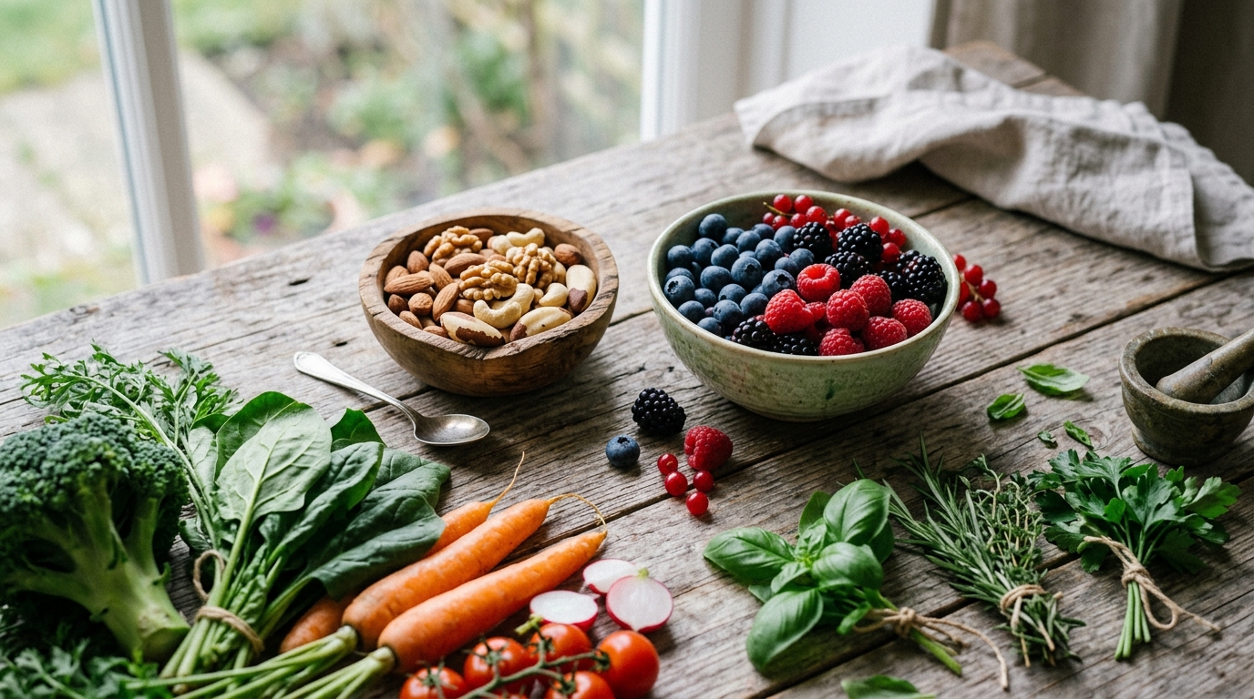 Zdravé jídlo plné zeleniny, ovoce a celozrnných produktů na stole
